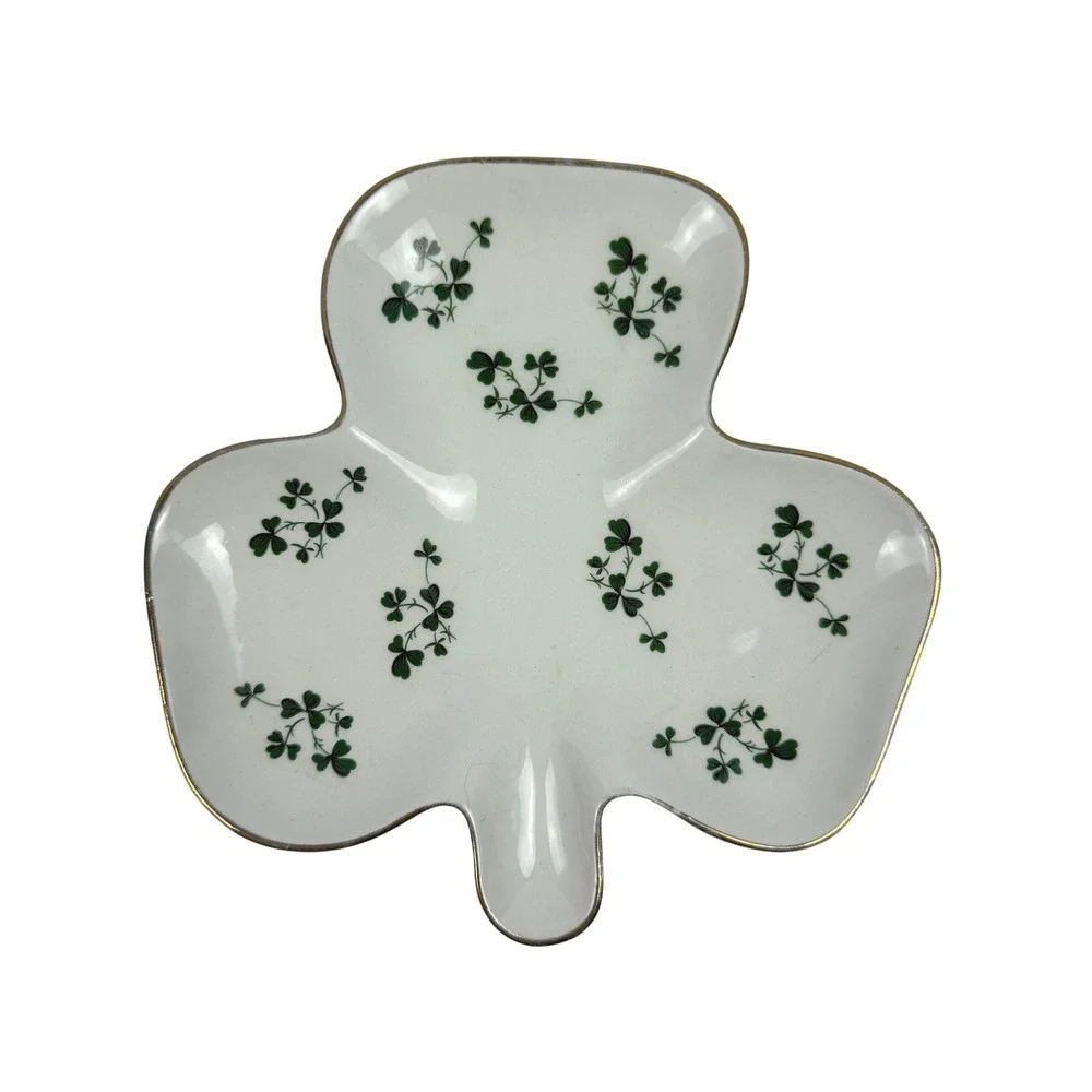 Carrigaline Pottery Vintage Irish Shamrock Trinket Dish White Green Ceramic